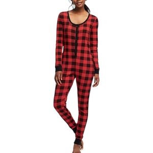 Old Navy Women's Red and Black Plaid Pajama Onesie Sz L